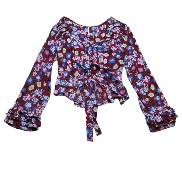 💐✨ Free People Floral‎ Ruffle Tie Front Blouse Maroon Blue XS ✨💐 - Picture 3 of 6